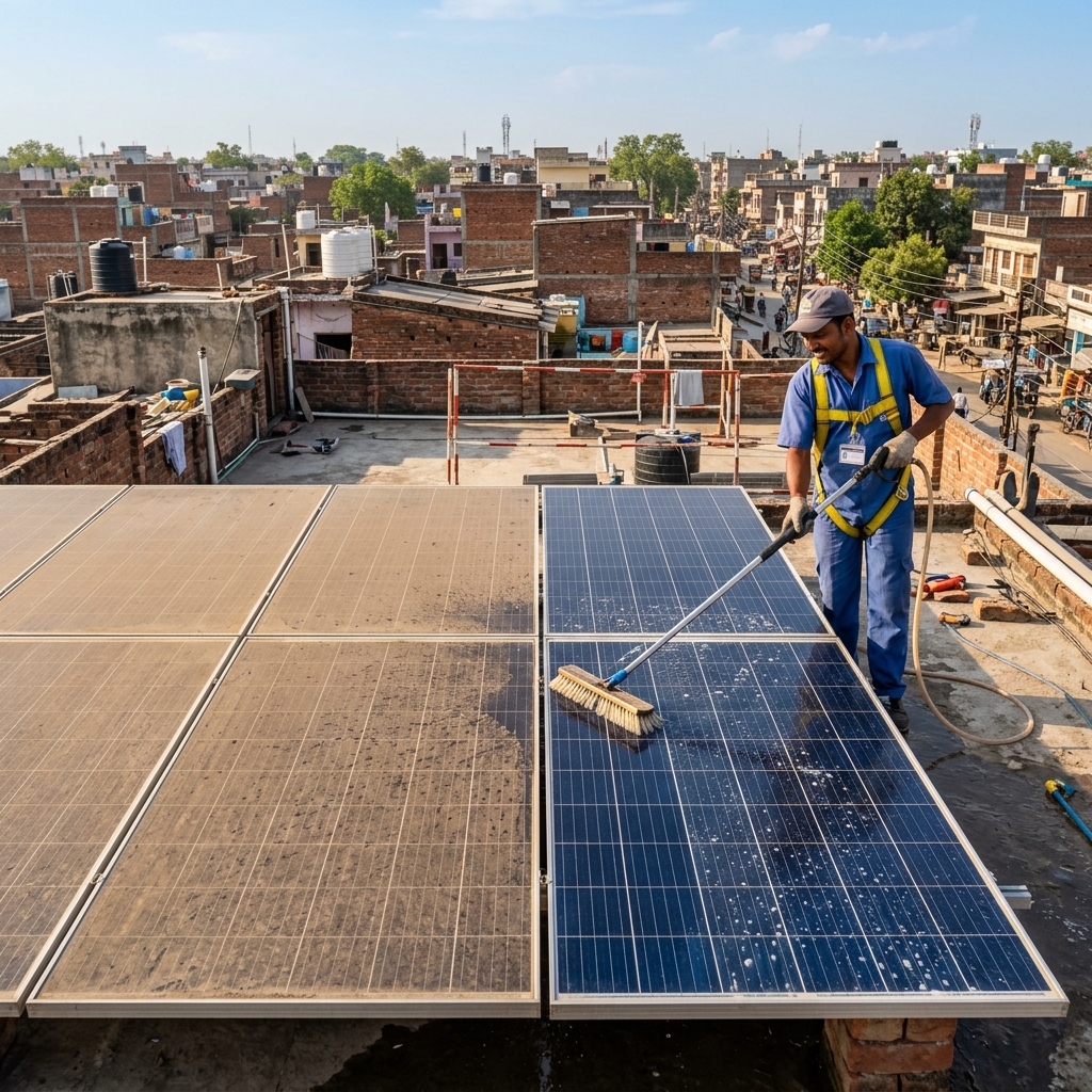 Solar panel cleaning in action - Gorakhpur